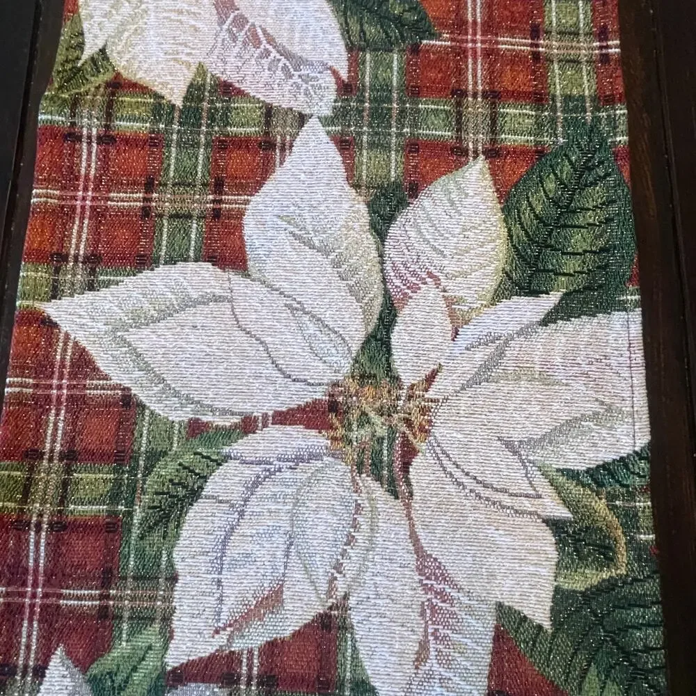Christmas Plaid Poinsettia Tapestry Table Runner 13x70 Red Cream Green NWT